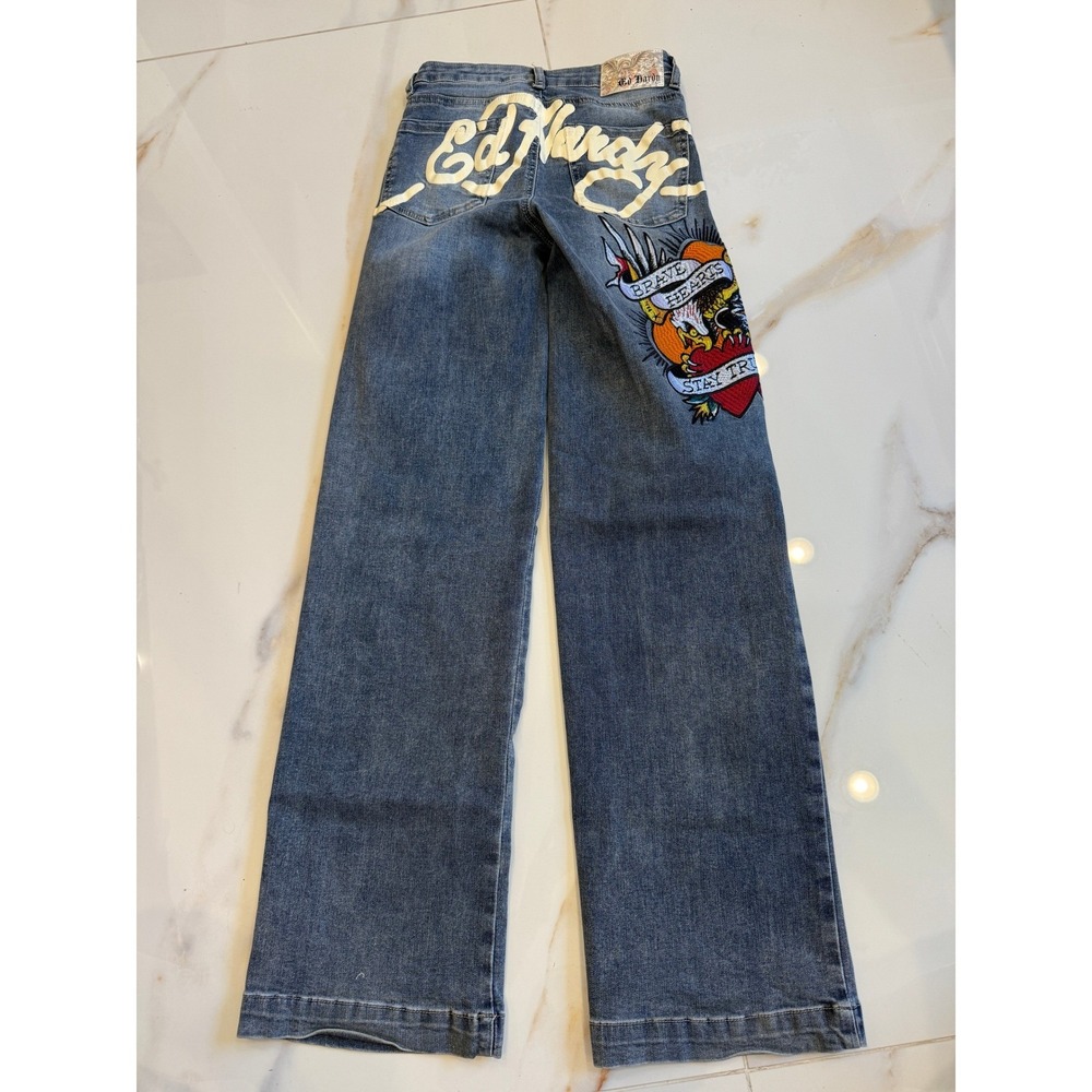 Ed Hardy Wide Leg Denim‎ Jeans Blue Tattoo Graphic Embroidered Size 24 Y2K